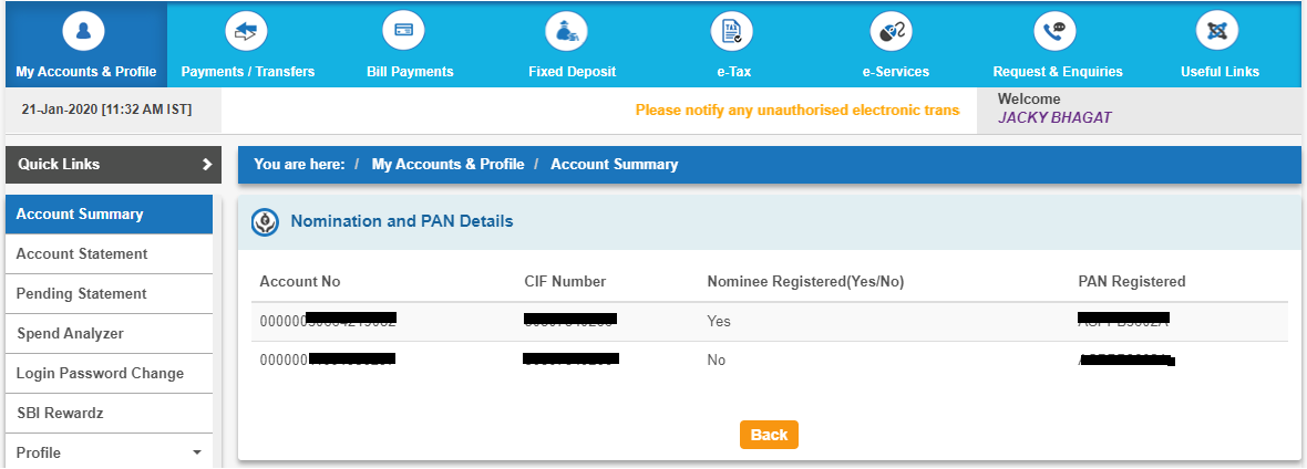 how to find cif number in sbi online
