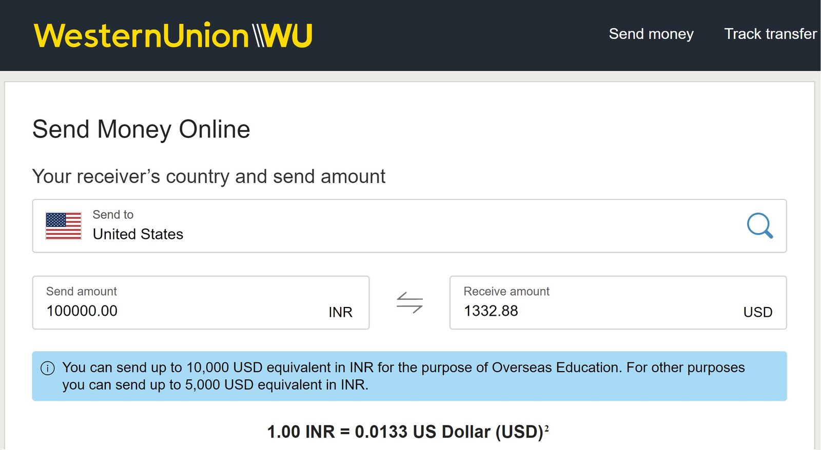 India to USA rate Western Union